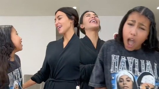 Kim Kardashian arruma o cabelo de North e cai na risada com as brincadeiras da filha; vídeo