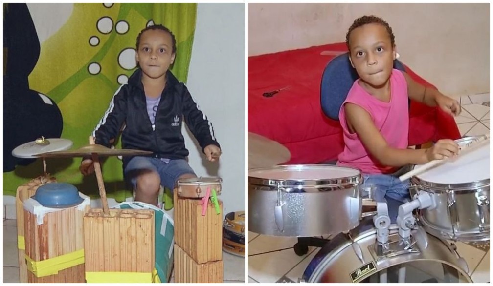 Miguel Carvalho ganhou uma bateria de verdade para tocar em casa em Chavantes â€” Foto: ReproduÃ§Ã£o/TV TEM