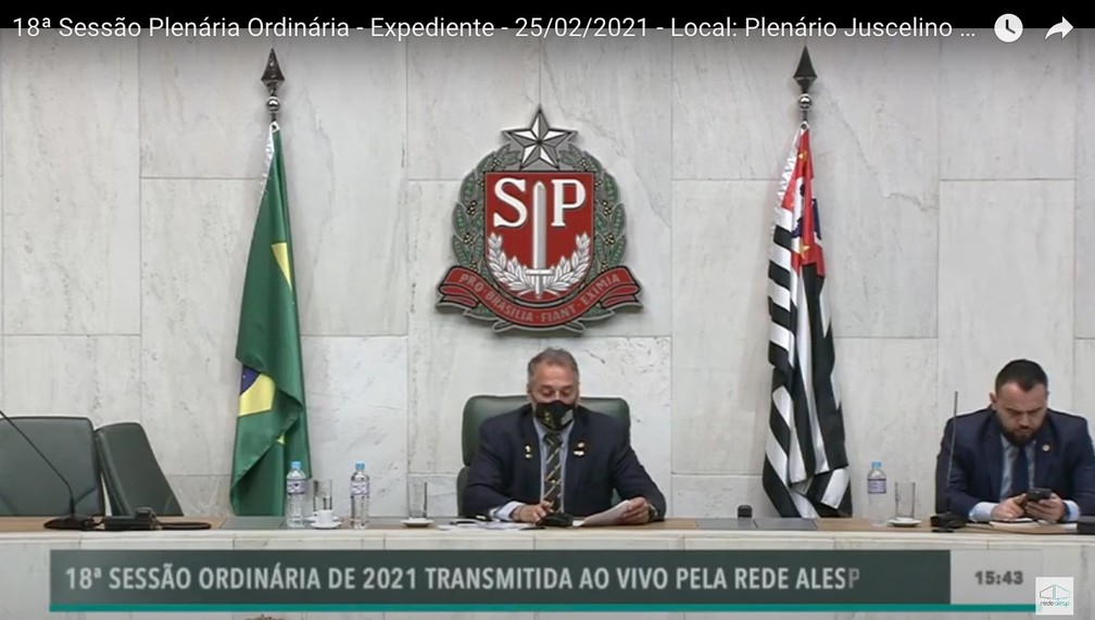 À direita, o deputado estadual Gil Diniz (sem partido) é flagrado sem máscara durante sessão da Alesp nesta quinta-feira, 25 de fevereiro. — Foto: Reprodução/Youtube