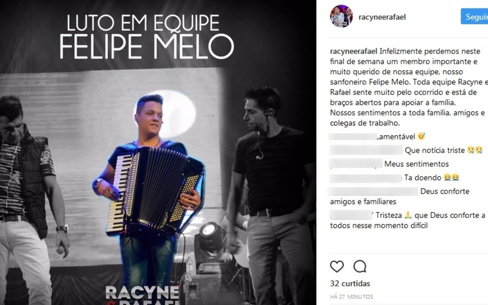 Dupla postou mensagem de luto devido a morte e Felipe: 'Muito querido' (Foto: Reprodução/Instagram)