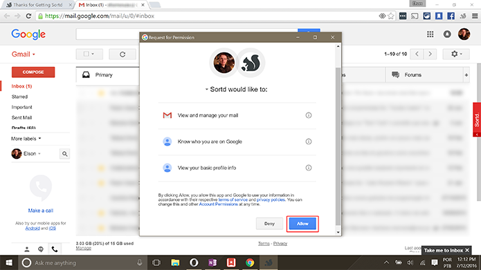 Sortd pedirá autorização para gerenciar e-mails do Gmail (Foto: Reprodução/Elson de Souza)