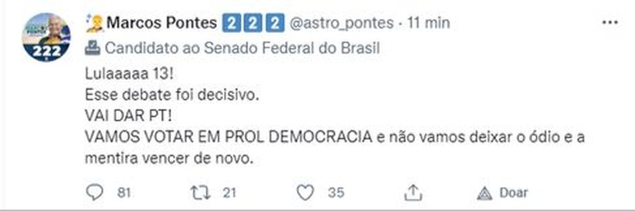 Conta do candidato ao Senado de São Paulo foi invadida durante o debate