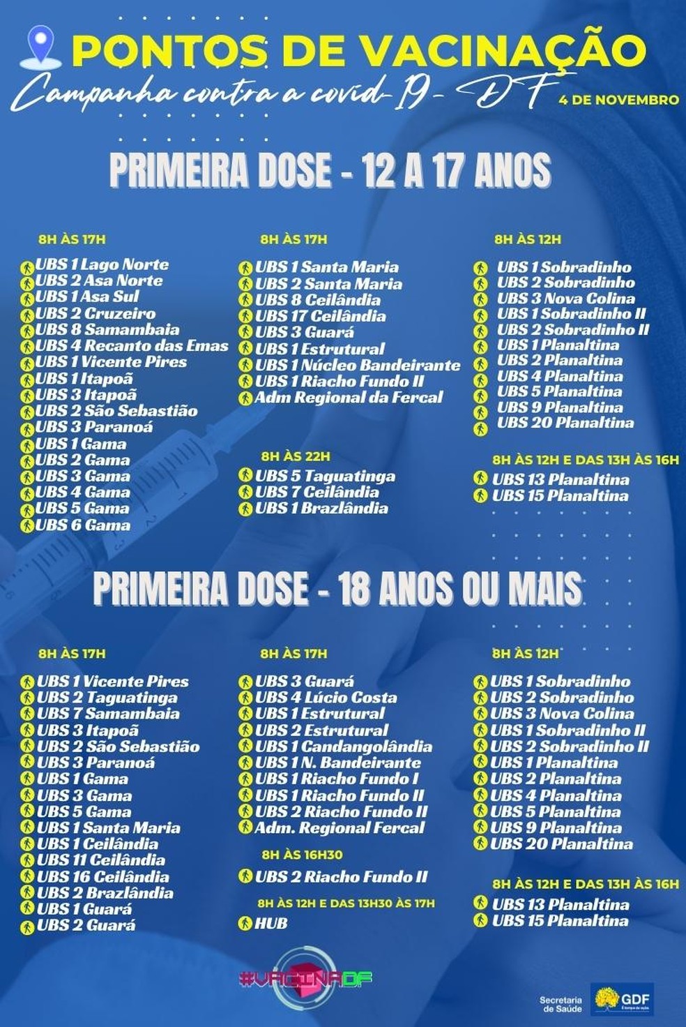 Postos para primeira dose contra Covid-19 no DF, em 4 de novembro de 2021. — Foto: Foto: SES-DF/Reprodução