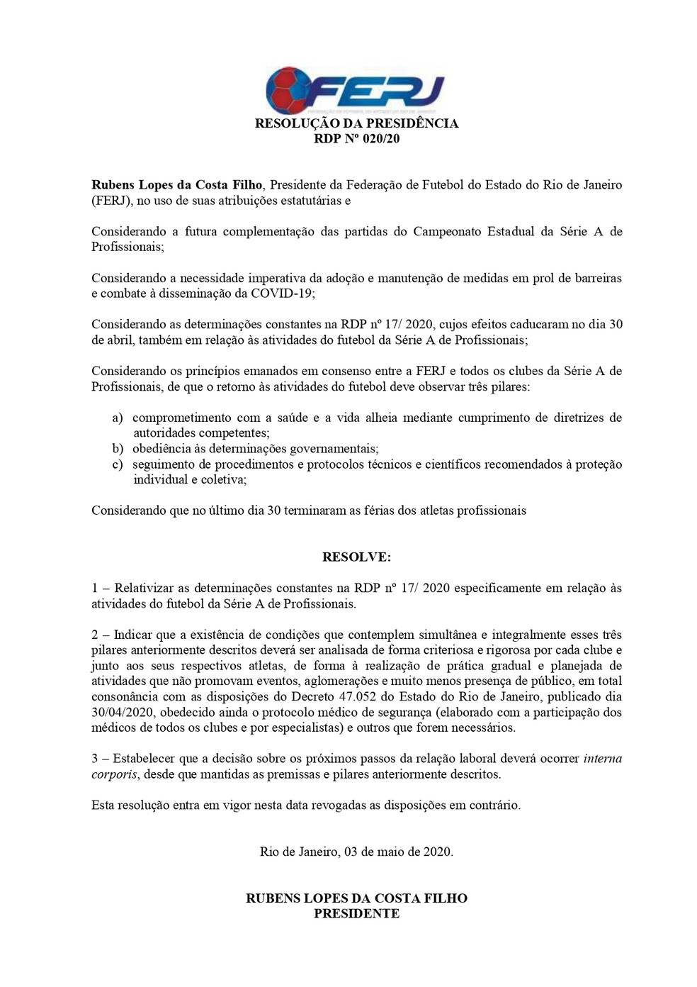 Resolução publicada neste domingo no site da Ferj — Foto: Reprodução