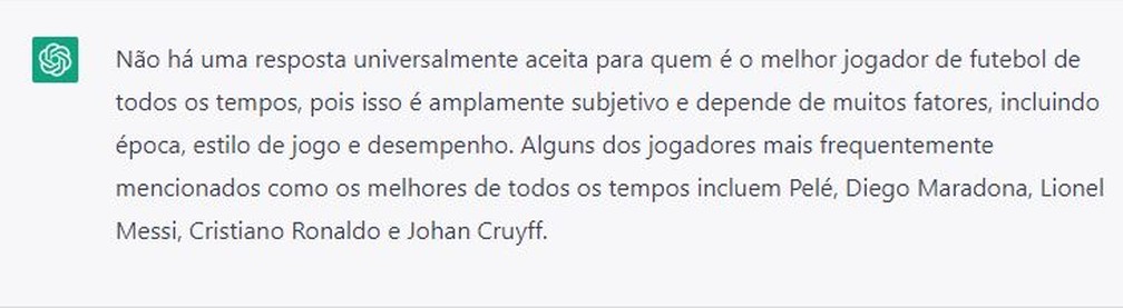 ChatGPT não responde quem é o maior jogador de todos os tempos — Foto: Reprodução