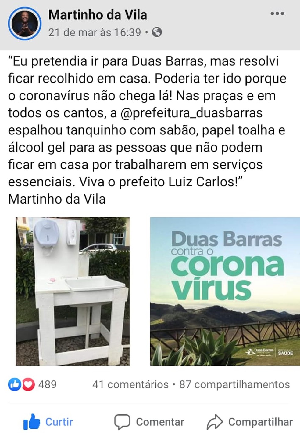 Nas redes sociais, o sambista Martinho da Vila elogiou a ação da Prefeitura de Duas Barras, que espalhou pias com água , sabonete e álcool gel pela cidade — Foto: Reprodução redes sociais