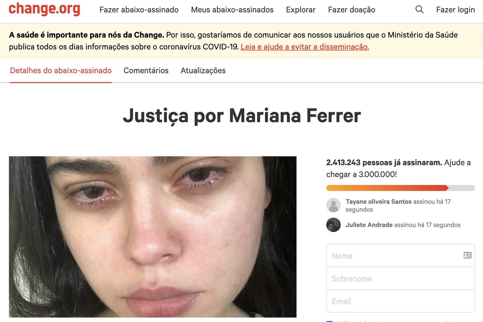 Petição por justiça para Mariana Ferrer ganha quase 1 milhão de assinaturas após sentença (Foto: Reprodução/Change.org)
