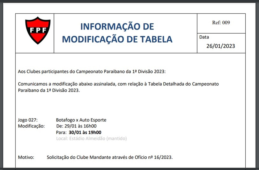Documento oficializando a mudança de data do Botauto — Foto: Divulgação / FPF-PB