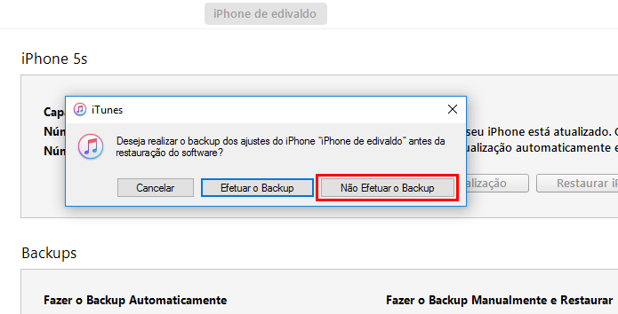 Cancelando o backup antes da restauração do iPhone (Foto: Reprodução/Edivaldo Brito)