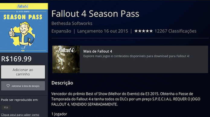 Fallout 4: Season Pass no PS4 tem preço mais em conta (Foto: Reprodução/Victor Teixeira)