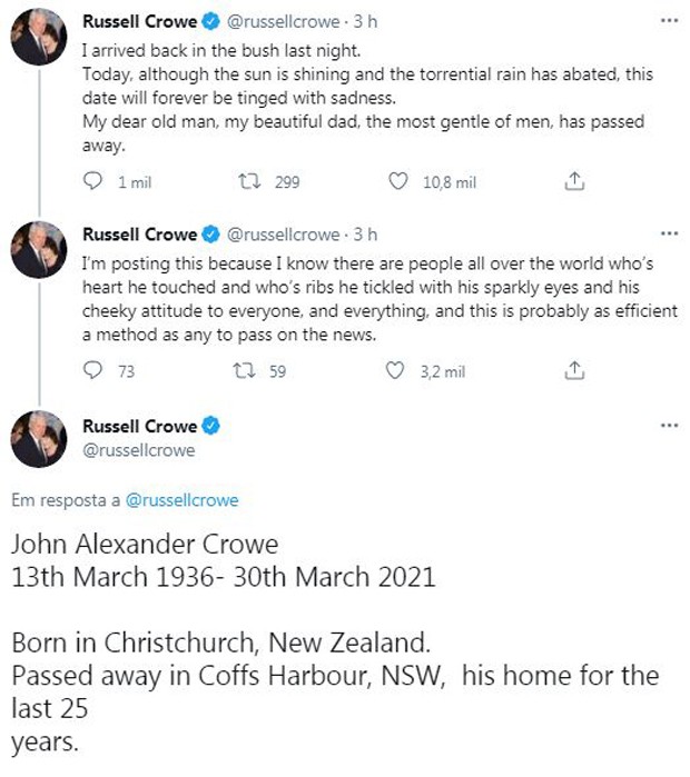 Russell Crowe lamenta a morte do pai, John (Foto: Reprodução / Twitter)