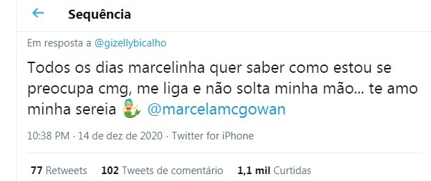 Gizelly Bicalho exalta amizade com Marcela McGowan e fala de sua saúde mental (Foto: Reprodução/Twitter)