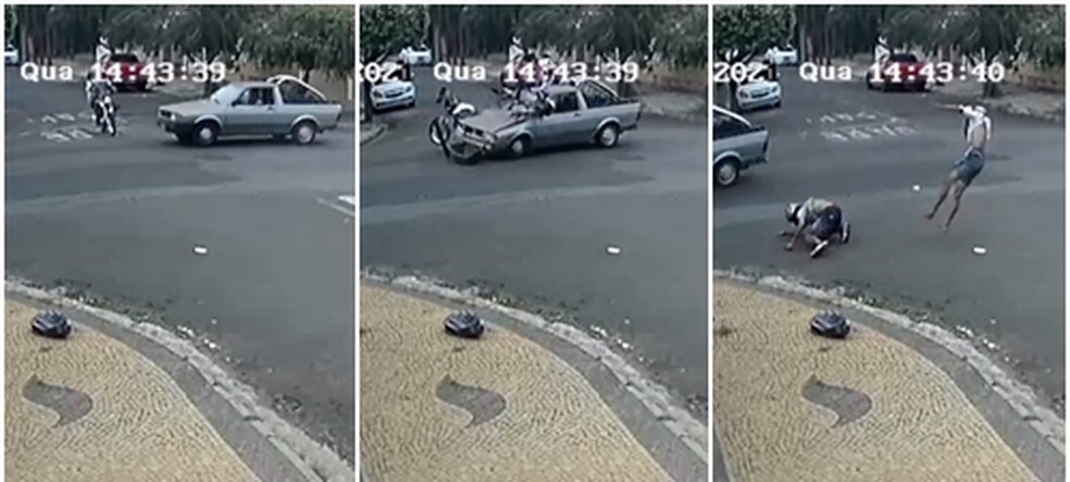 Piloto e garupa foram lançados de motocicleta após batida em Catanduva  — Foto: Reprodução/Câmera de segurança 