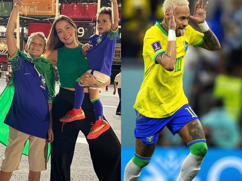 Carol Dantas posa com os filhos e comemora gol de Neymar na Copa