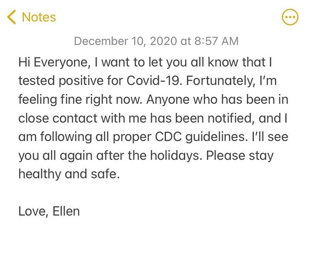 Ellen DeGeneres anuncia que está com Covid-19 (Foto: Reprodução/Instagram)