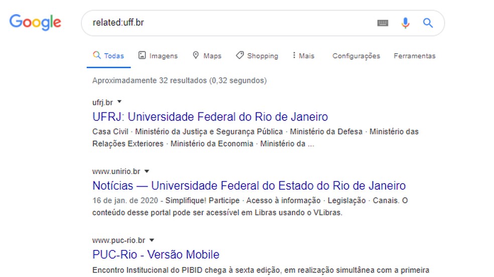 O comando "related" encontra todos os sites relacionadas a um determinado domínio — Foto: Reprodução/Paulo Alves
