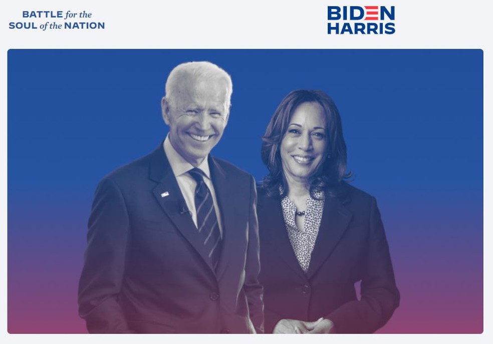Site oficial da campanha de Joe Biden já mostra foto da candidata a vice, Kamala Harris, cujo nome já aparece no logo oficial — Foto: Reprodução