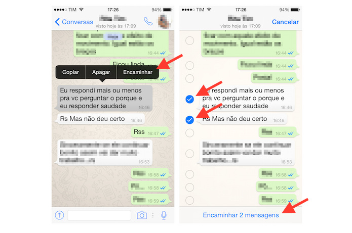 Utilizando a opção de encaminhamento de mensagens no WhatsApp para iPhone (Foto: Reprodução/Marvin Costa)