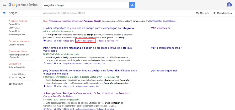 Expanda a sua pesquisa com a função “Artigos Relacionados” do Google Acadêmico — Foto: Reprodução/Caroline Silvestre