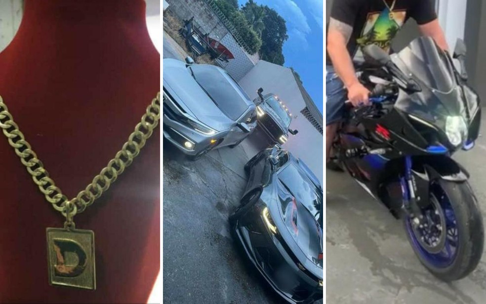 Foto de colar de ouro, carros e moto de luxo que foram adquiridos por investigados e ostentados nas redes sociais — Foto: Divulgação/Polícia Federal