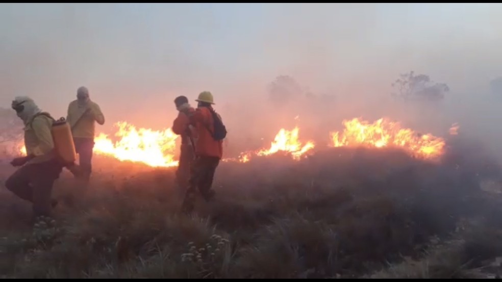 Brigadistas trabalham no combate ao fogo no Parque Estadual do Ibitipoca — Foto: Gabriel Fortes/Arquivo Pessoal
