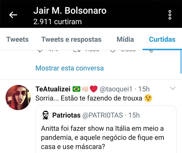 Presidente Jair Bolsonaro curte tweets com criticas à Anitta (Foto: Reprodução/ Instagram e Twitter)