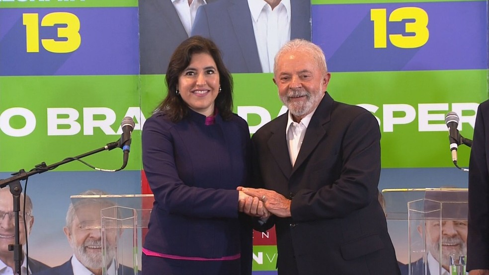 Simone Tebet e Lula durante encontro em SP — Foto: Reprodução/TV Globo