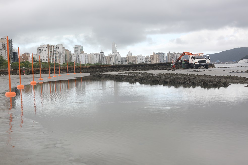 Prefeitura de Santos realiza melhoria na estrutura de proteção de navio encalhado em Santos, SP — Foto: Divulgação/Isabela Carrari