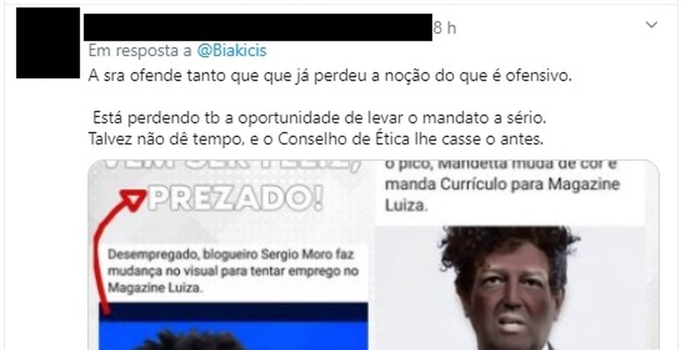 Internautas criticam deputada Bia Kicis  por compartilhar postagem com 'blackface' para critica processo seletivo para negros — Foto: Reprodução/Twitter