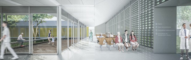 Projeção mostrra a UBS em uso: espaços abertos, arejados, iluminados e em sintonia com o exterior (Foto: Leonardo Finotti / Divulgação)