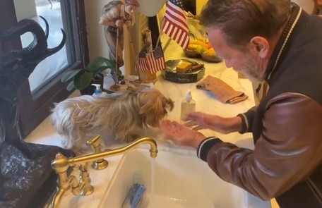 O ator Arnold Schwarzenegger também entrou na brincadeira e disse que estava ensinando seu cachorrinho a lavar as mãos Reprodução