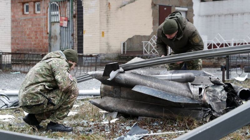 Policiais inspecionam fragmentos de um míssil que caiu numa rua da capital Kiev, logo após Putin determinar a invasão da Ucrânia (Foto: Reuters via BBC News)
