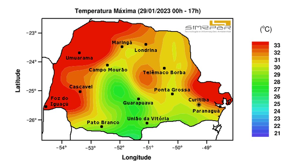 Temperaturas deste domingo (29) no Paraná  — Foto: Simepar