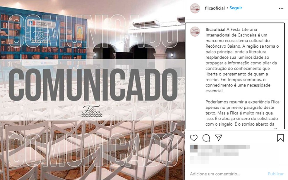 Festa Literária Internacional de Cachoeira é cancelada por causa da pandemia da Covid-19 — Foto: Reprodução/Instagram