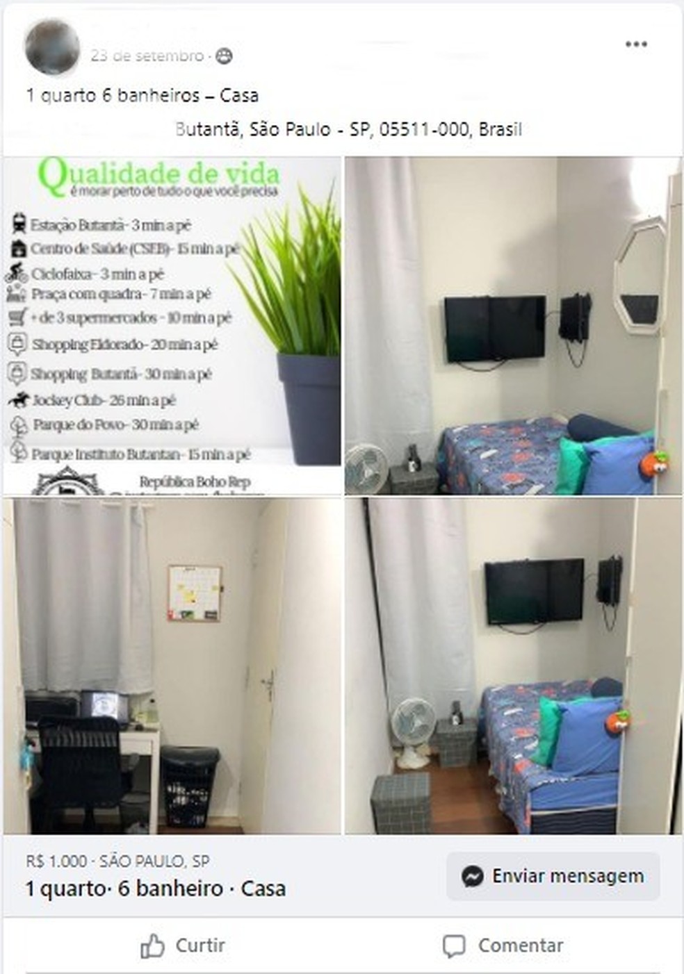 Anúncio de aluguel de quarto no Facebook — Foto: Reprodução