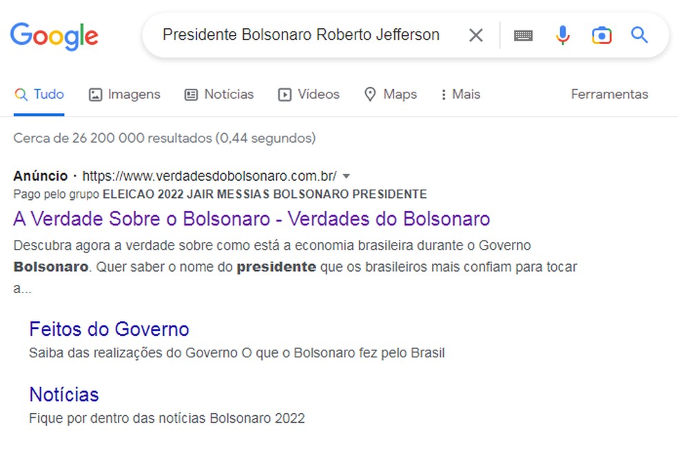 Busca com nomes de Roberto Jefferson e Bolsonaro mostra anúncio pago pela campanha do presidente — Foto: Reprodução