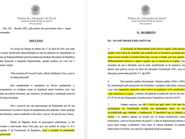 Documento da OAB diz que deputado Jair Bolsonaro &#39;defende o indefensável&#39; (Foto: Reprodução)