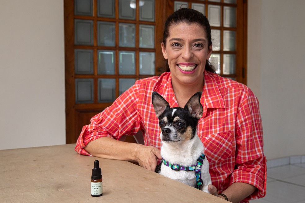 Priscila, tutora de Mykonos, explica que substâncias da cannabis substituíram uso de gardenal para tratamento do cachorro — Foto: Marcelo Brandt/g1