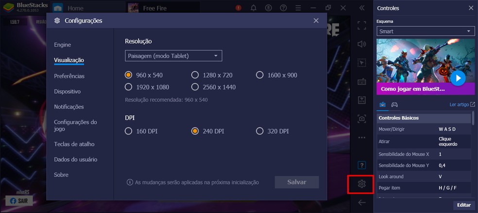 Emulador BlueStacks oferece três opções de DPI de visualização — Foto: Reprodução/Marciel Agostini