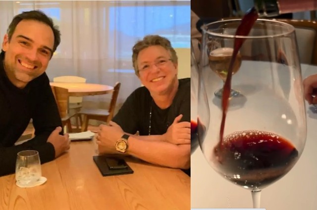 Tadeu Schmidt e Boninho, ao lado, vinho compartilhado pelo diretor (Foto: Reprodução)