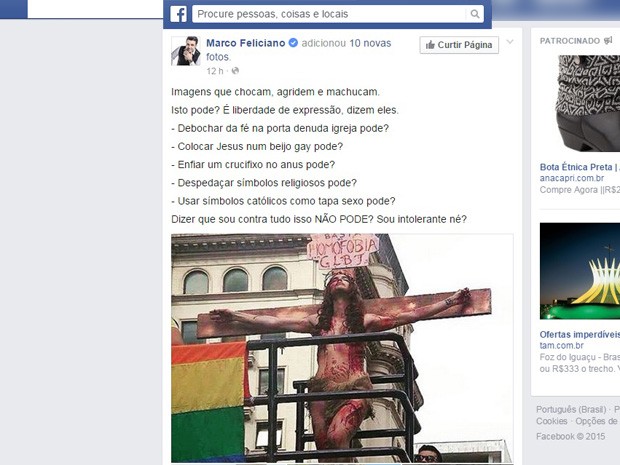 Deputado Federal Marco Feliciano critica Parada Gay nas redes sociais (Foto: Reprodução/Facebook)