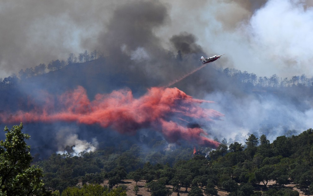 Avião ajuda a combater incêndio florestal perto de Bormes-les-Mimosas, na França, na quarta-feira (26) (Foto: Anne-Christine Poujoulat/AFP)