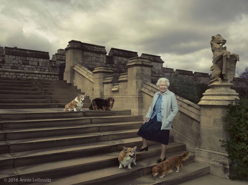 Rainha Elizabeth II com seus cachorros corgi em foto de 2018: no topo da escada Willow (à esquerda) e Vulcan (à direita). Aos pés da rainha: Holly  (à esquerda) e Candy ( à direita) — Foto: Annie Leibovitz/Divulgação/ The Royal Family