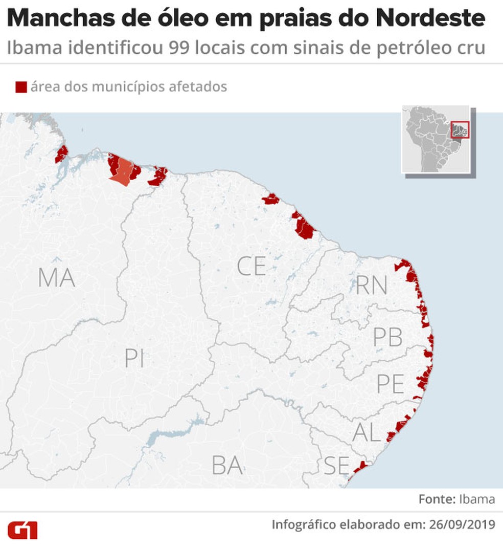 Localidades afetadas pelo óleo desde o começo de setembro — Foto: Arte/G1