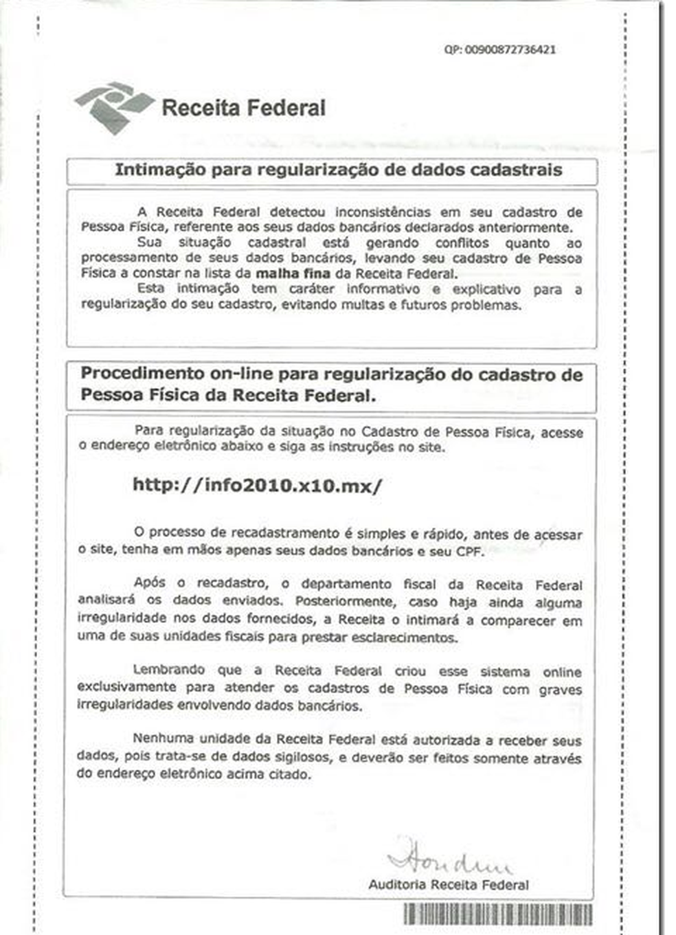 Carta usada em golpe do IR (Foto: Reprodução do site da Receita Federal)