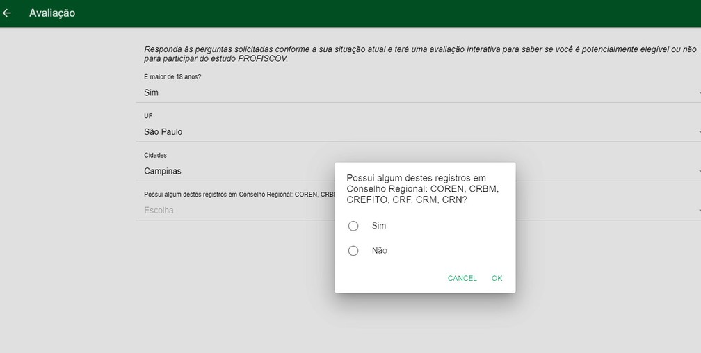 Triagem de volunt&aacute;rios para participar do estudo com a vacina chinesa ser&aacute; feita pelo HC da Unicamp e mais 11 centros de testagem no pa&iacute;s. &mdash; Foto: Reprodu&ccedil;&atilde;o/App Profiscov