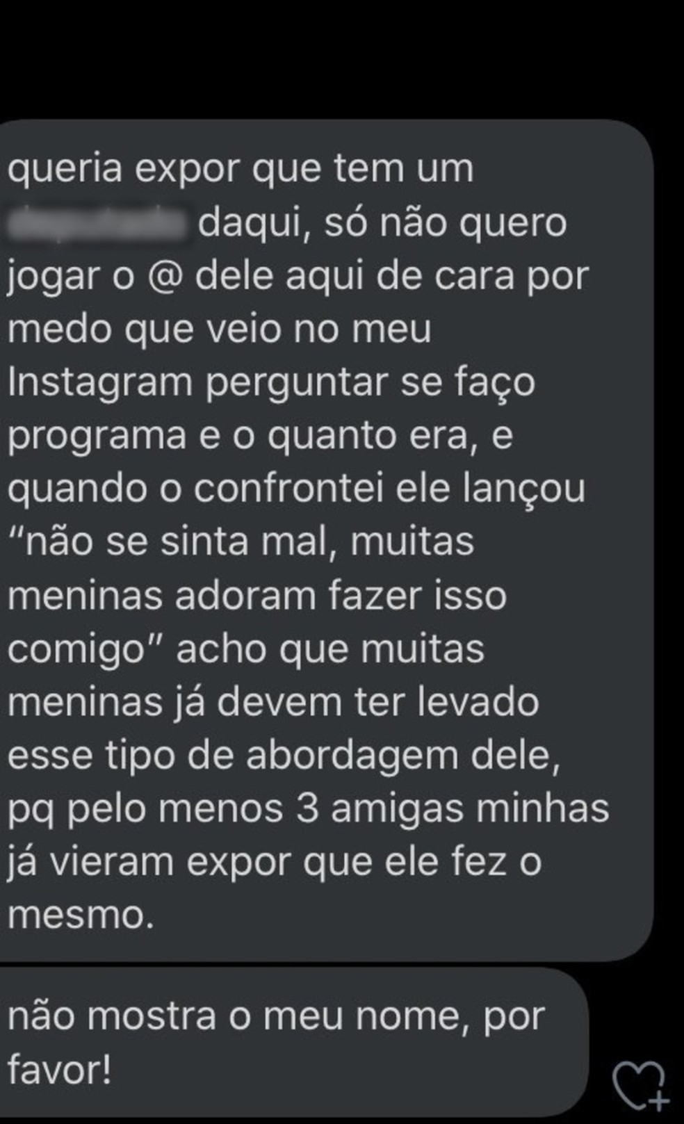 Uma das postagens feita por supostas vítimas de assédio em MS — Foto: Rede Social/Divulgação