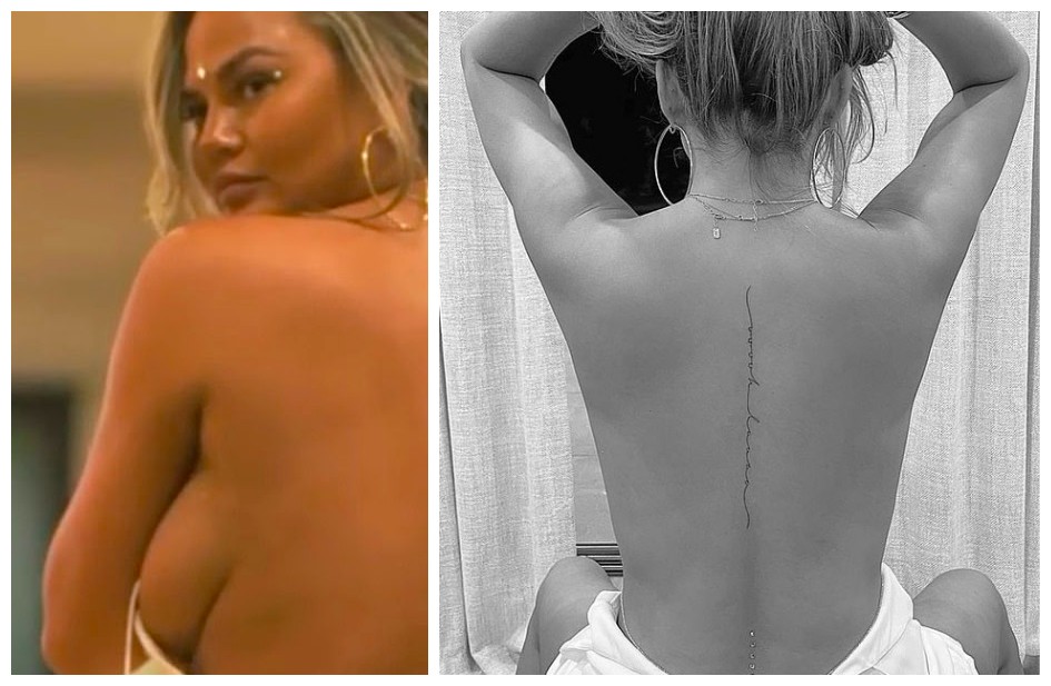 A modelo e influenciadora Chrissy Teigen nas imagens divulgadas por ela após fazer a tatuagem nas costas (Foto: Instagram)