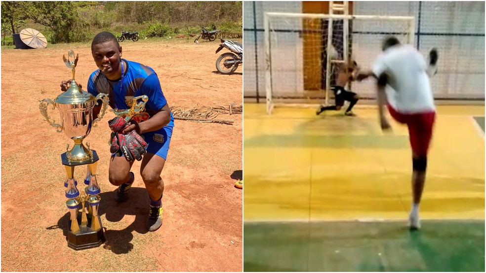 Marcos André é de Bernardo do Mearim e viralizou com um chute potente gravado durante uma partida de futsal — Foto: Arquivo Pessoal/Montagem
