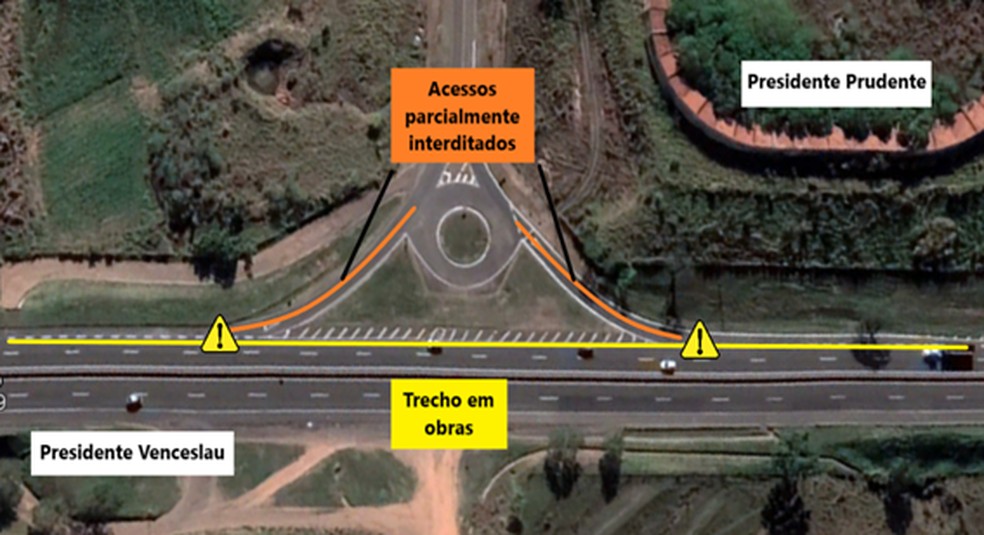 Obras na Rodovia Raposo Tavares alteram tráfego de veículos na região de Presidente Prudente — Foto: Reprodução/Cart